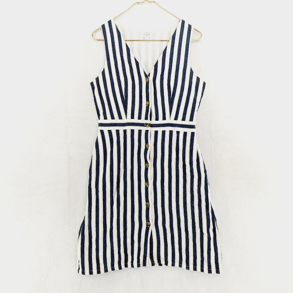 J. Crew Navy Striped Button V Neck Sleeveless Mini Summer Dress P6494